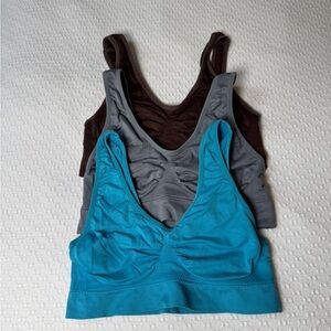 Set of Three Bralettes or Sports Bras in Blue, Gray, and Brown Size Small